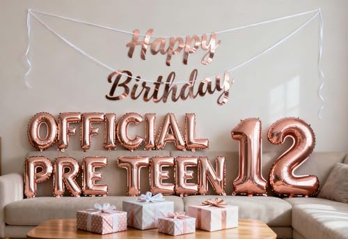 12th Birthday Decorations for Girls Rose Gold – Pre-Teen Foil Balloons Set with Banner