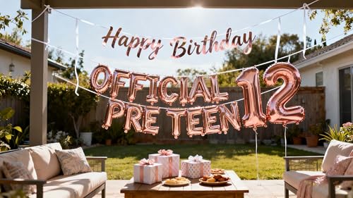 12th Birthday Decorations for Girls Rose Gold – Pre-Teen Foil Balloons Set with Banner