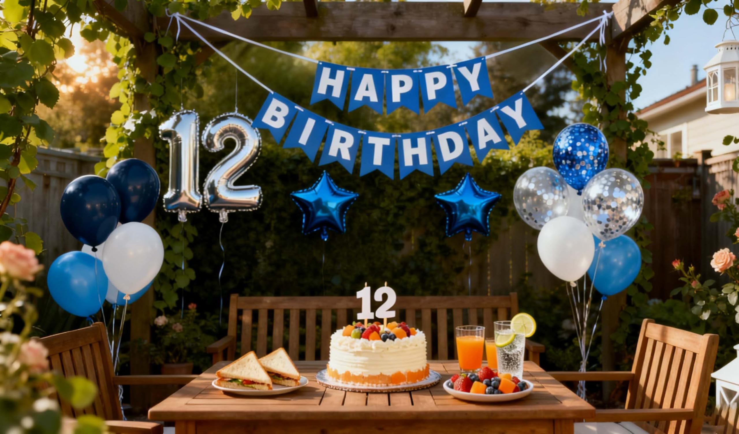 12th Birthday Party Decoration Set for Boys – Blue Number 12 Foil Balloon, Banner, and Latex Balloons