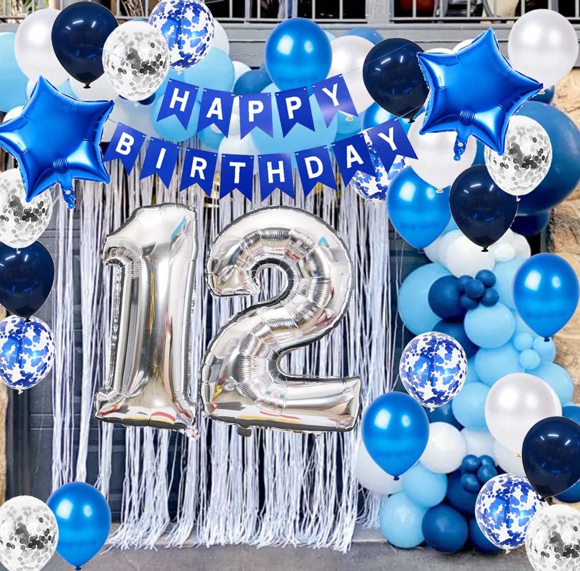 12th Birthday Party Decoration Set for Boys – Blue Number 12 Foil Balloon, Banner, and Latex Balloons