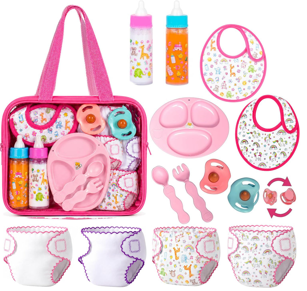 13-Piece Doll Feeding & Diaper Bag Set with Disappearing Milk Bottles for Pretend Play