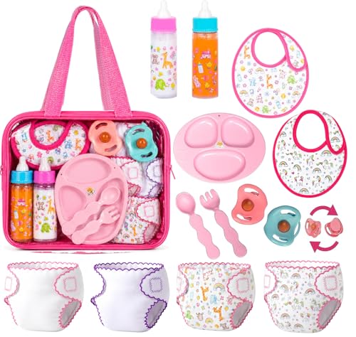 13-Piece Doll Feeding & Diaper Bag Set with Disappearing Milk Bottles for Pretend Play
