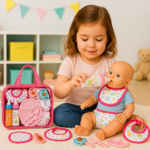 13-Piece Doll Feeding & Diaper Bag Set with Disappearing Milk Bottles for Pretend Play