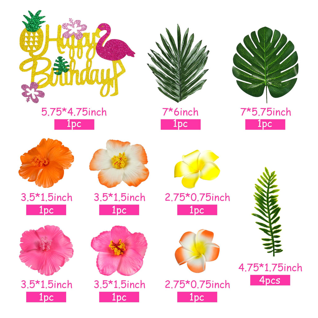 13-Piece Hawaiian Flower Cake Topper Set with Palm Leaves and Hibiscus Foam Flowers for Tropical Birthday Parties
