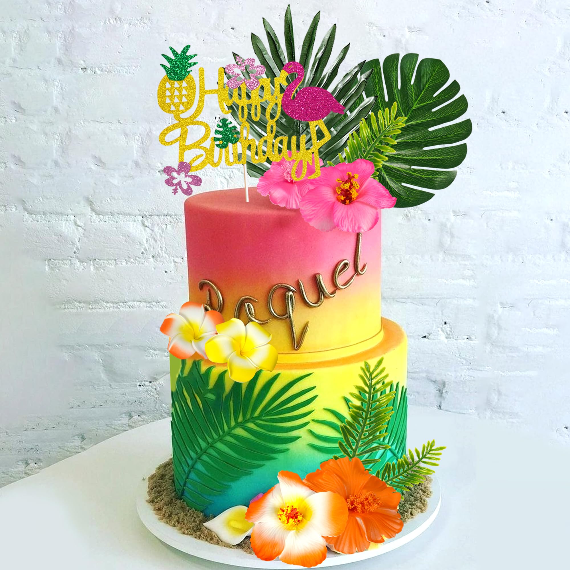 13-Piece Hawaiian Flower Cake Topper Set with Palm Leaves and Hibiscus Foam Flowers for Tropical Birthday Parties