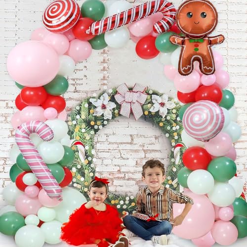 130-Piece Christmas Balloon Arch Garland Kit with Gingerbread & Candy Cane Foil Balloons for Holiday Parties