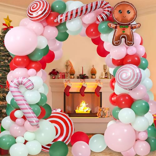 130-Piece Christmas Balloon Arch Garland Kit with Gingerbread & Candy Cane Foil Balloons for Holiday Parties