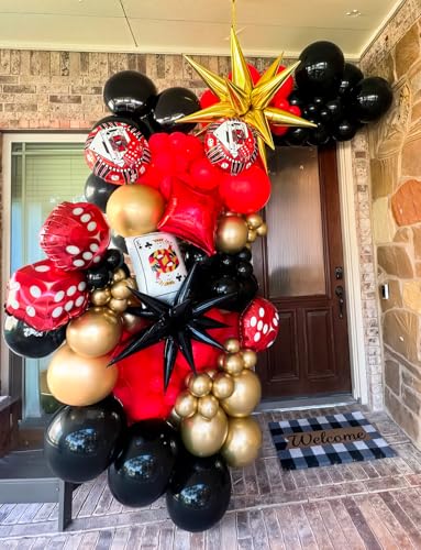 131-Piece Red Black Gold Balloon Arch Kit by Haolongfa – Includes Foil Starburst, Confetti, and Latex Balloons for Hollywood, Casino, or Movie Night Parties