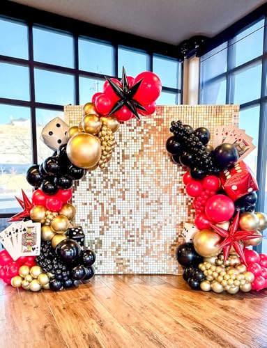 131-Piece Red Black Gold Balloon Arch Kit by Haolongfa – Includes Foil Starburst, Confetti, and Latex Balloons for Hollywood, Casino, or Movie Night Parties