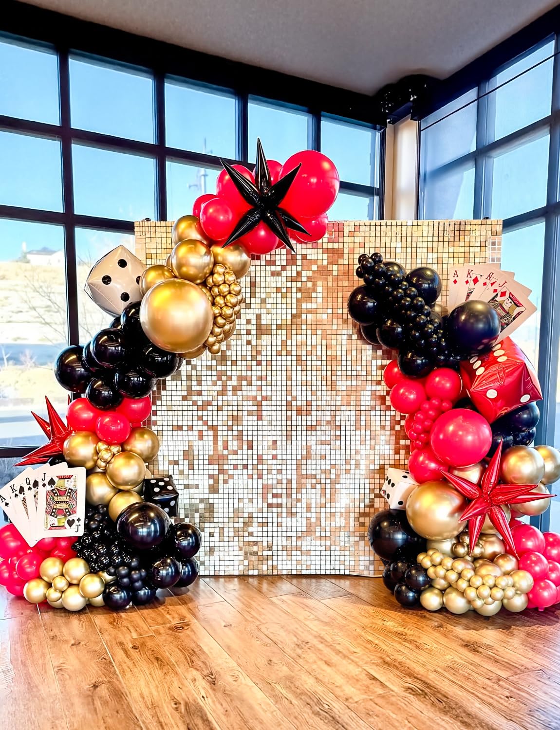 131-Piece Red Black Gold Balloon Arch Kit by Haolongfa – Includes Foil Starburst, Confetti, and Latex Balloons for Hollywood, Casino, or Movie Night Parties