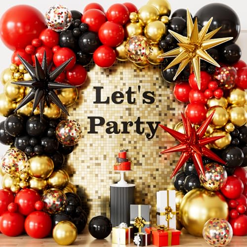 131-Piece Red Black Gold Balloon Arch Kit by Haolongfa – Includes Foil Starburst, Confetti, and Latex Balloons for Hollywood, Casino, or Movie Night Parties