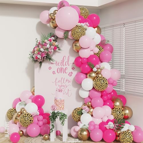 133-Piece Hot Pink Leopard Print Balloon Arch Kit for Wild One Jungle Birthday Parties