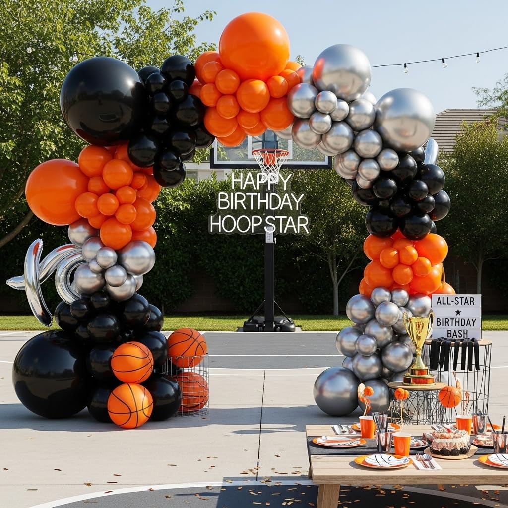 133-Piece Orange, Black & Silver Balloon Garland Kit for Halloween, Graduation & Basketball Parties