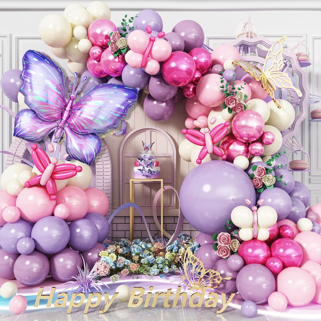 135-Piece Butterfly Balloon Arch Kit – Purple Pink Fairy Party Garland with Foil and Latex Balloons