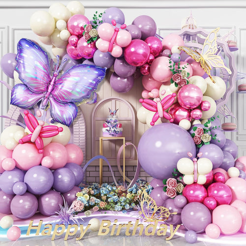 135-Piece Butterfly Balloon Arch Kit – Purple Pink Fairy Party Garland with Foil and Latex Balloons