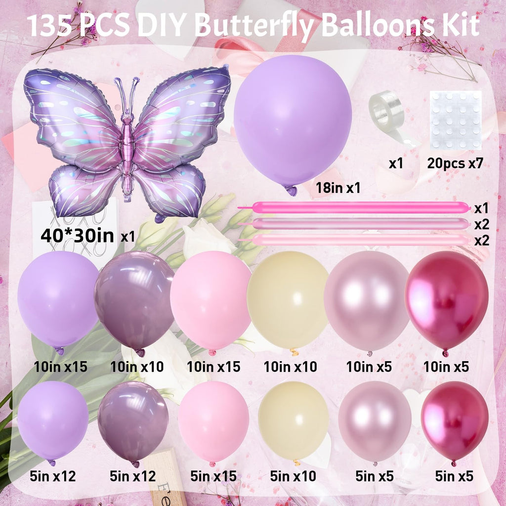 135-Piece Butterfly Balloon Arch Kit – Purple Pink Fairy Party Garland with Foil and Latex Balloons