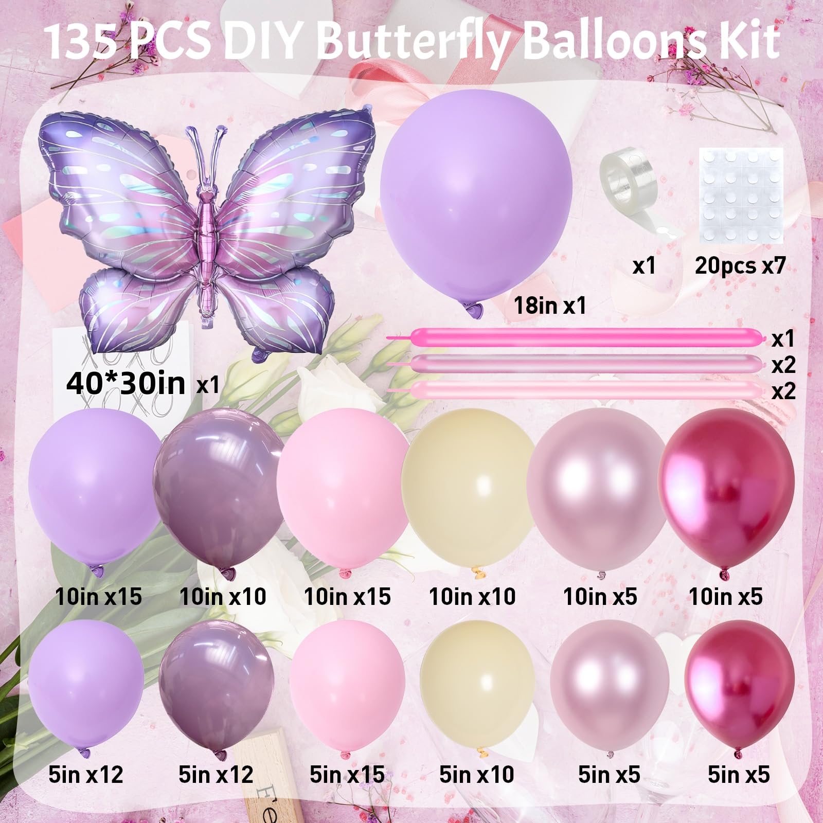 135-Piece Butterfly Balloon Arch Kit – Purple Pink Fairy Party Garland with Foil and Latex Balloons