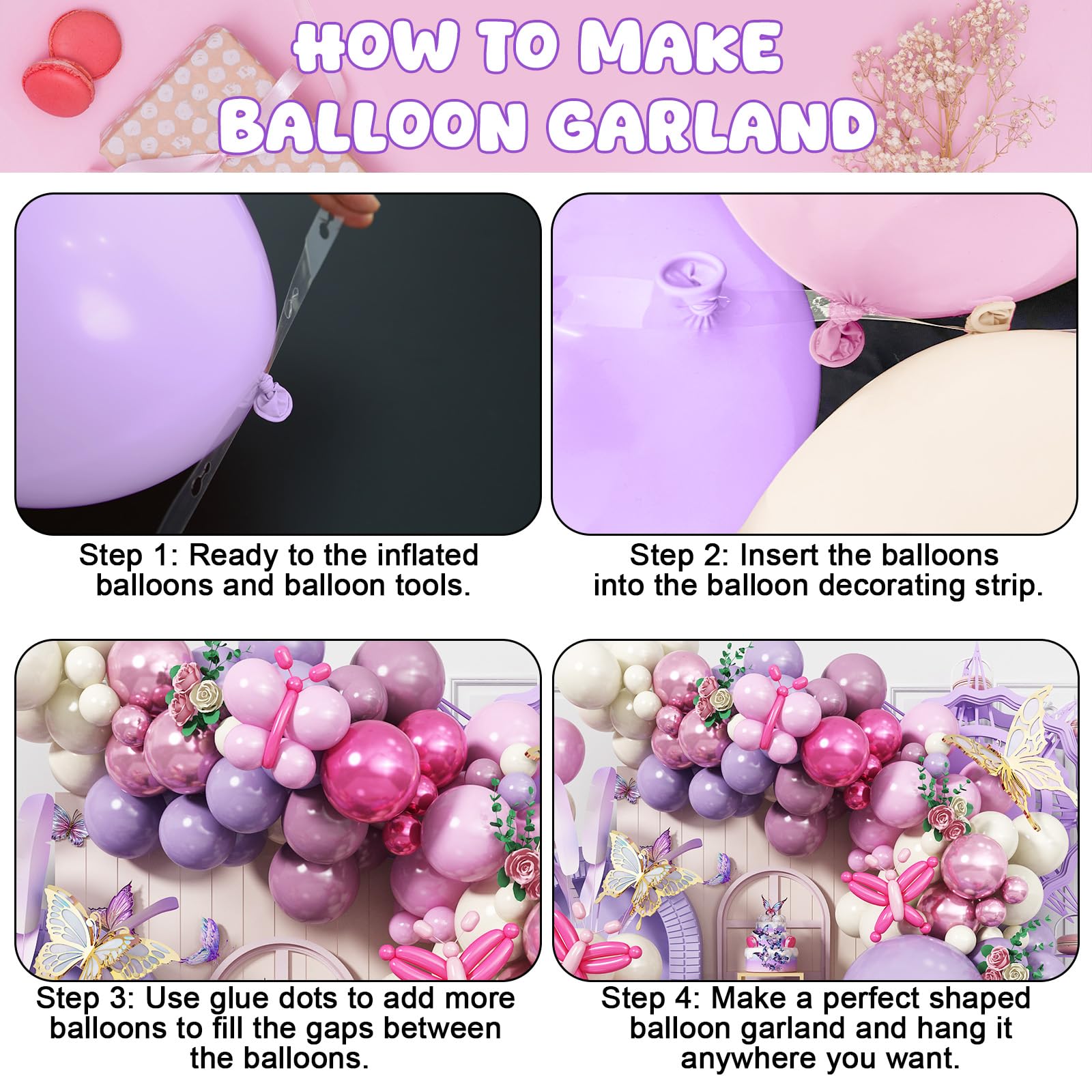 135-Piece Butterfly Balloon Arch Kit – Purple Pink Fairy Party Garland with Foil and Latex Balloons
