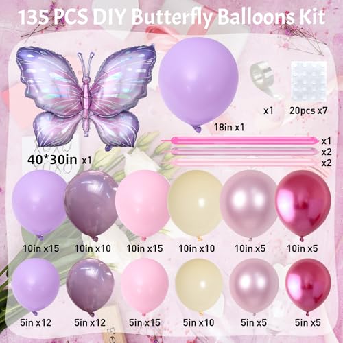 135-Piece Butterfly Balloon Arch Kit – Purple Pink Fairy Party Garland with Foil and Latex Balloons