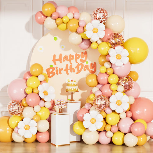 136Pcs Boho Daisy Balloon Arch Kit – Groovy Balloon Garland for Birthdays, Baby Showers, Weddings