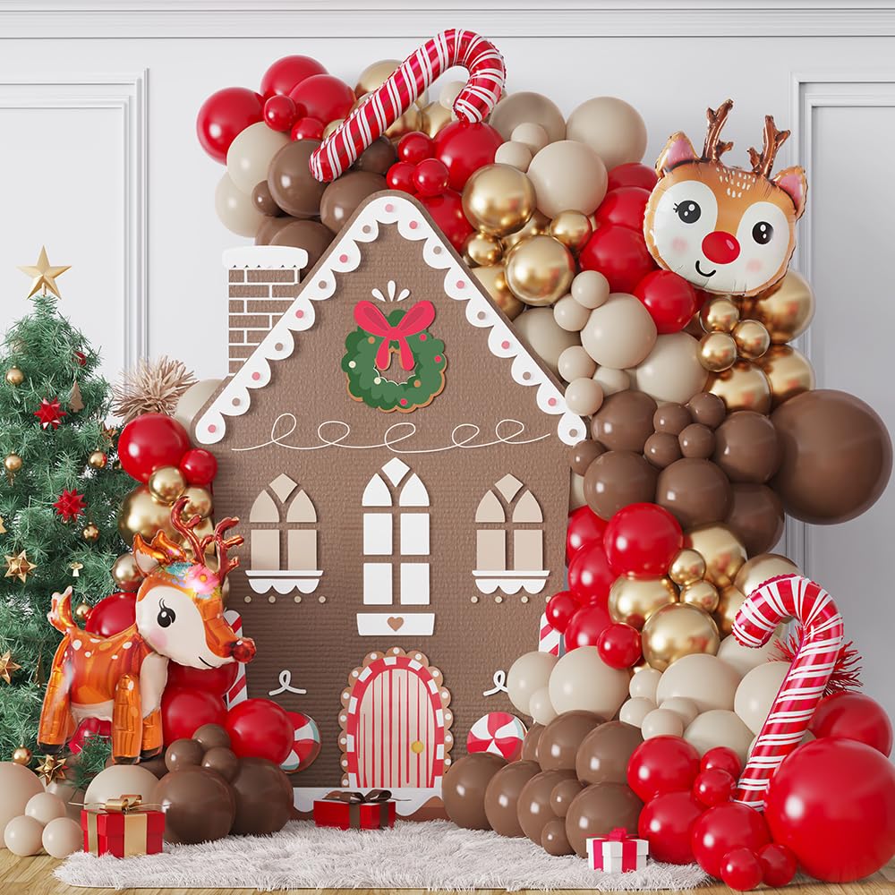 138-Piece Christmas Reindeer Balloon Garland Arch Kit – Red, Brown, Sand, White, Gold – Woodland Party Decor