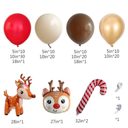 138-Piece Christmas Reindeer Balloon Garland Arch Kit – Red, Brown, Sand, White, Gold – Woodland Party Decor