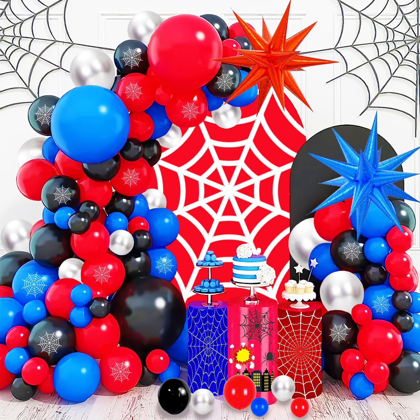 139-Piece Blue Red Black Balloon Arch Garland Kit – Cartoon Spider Theme Birthday Party Decorations for Boys and Girls