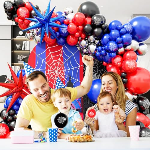 139-Piece Blue Red Black Balloon Arch Garland Kit – Cartoon Spider Theme Birthday Party Decorations for Boys and Girls