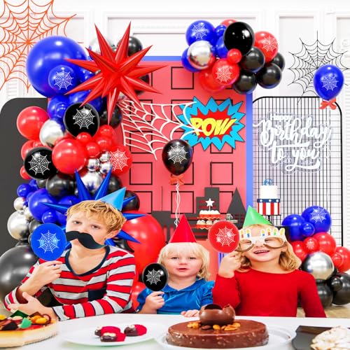 139-Piece Blue Red Black Balloon Arch Garland Kit – Cartoon Spider Theme Birthday Party Decorations for Boys and Girls
