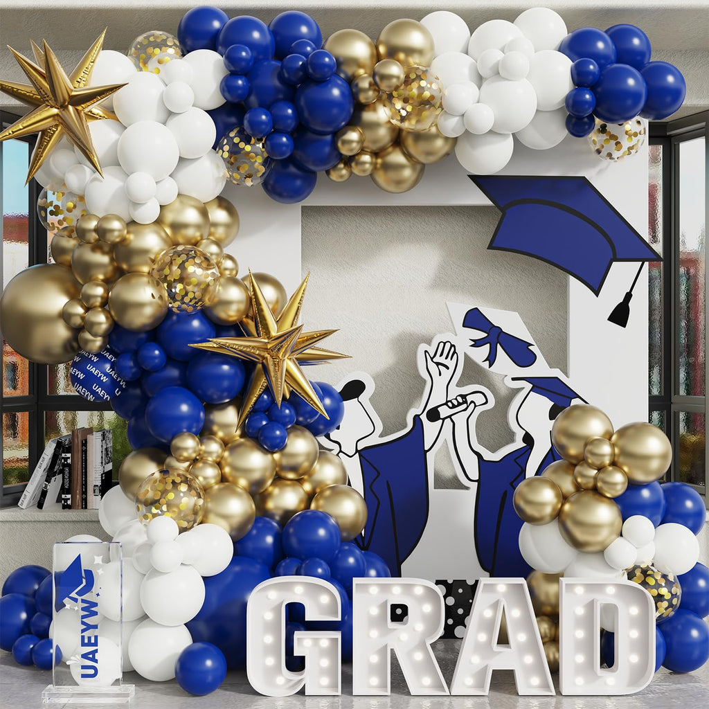 139Pcs Blue & Gold Graduation Balloon Arch Kit - Class of 2026, Confetti, Royal Blue, White, Metallic Gold