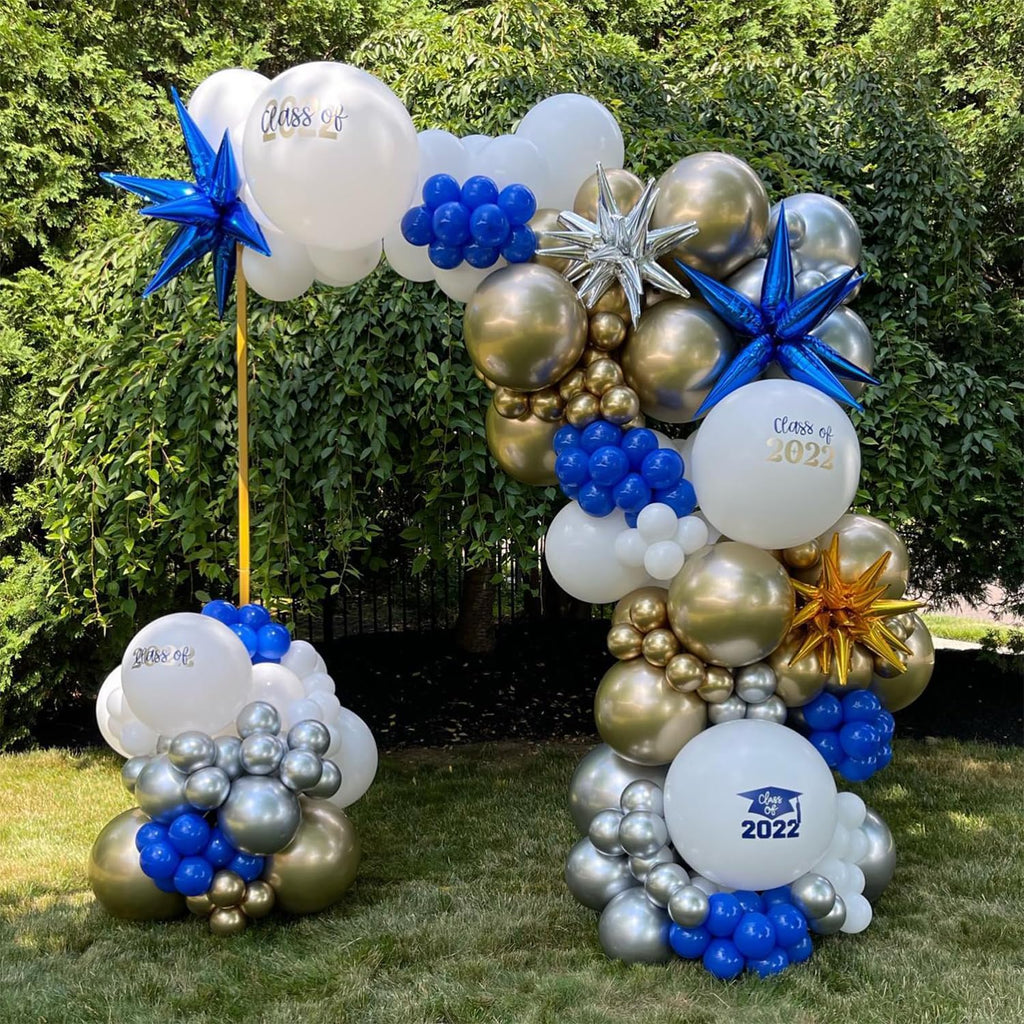 139Pcs Blue & Gold Graduation Balloon Arch Kit - Class of 2026, Confetti, Royal Blue, White, Metallic Gold