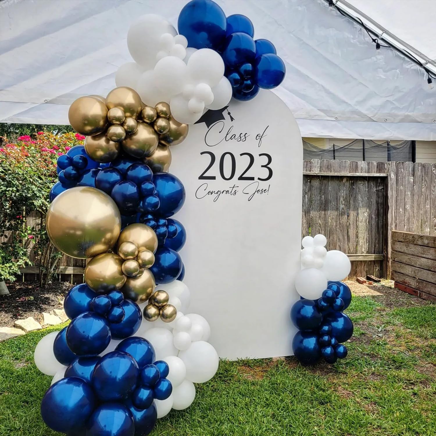 139Pcs Blue & Gold Graduation Balloon Arch Kit - Class of 2026, Confetti, Royal Blue, White, Metallic Gold