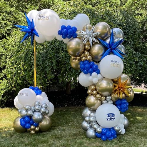 139Pcs Blue & Gold Graduation Balloon Arch Kit - Class of 2026, Confetti, Royal Blue, White, Metallic Gold