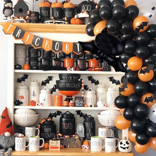 139Pcs Halloween Balloon Garland Arch Kit – Black Orange Mylar Spider & Bat Balloons with 3D Stickers for Indoor Outdoor Party Decor