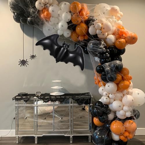 139Pcs Halloween Balloon Garland Arch Kit – Black Orange Mylar Spider & Bat Balloons with 3D Stickers for Indoor Outdoor Party Decor