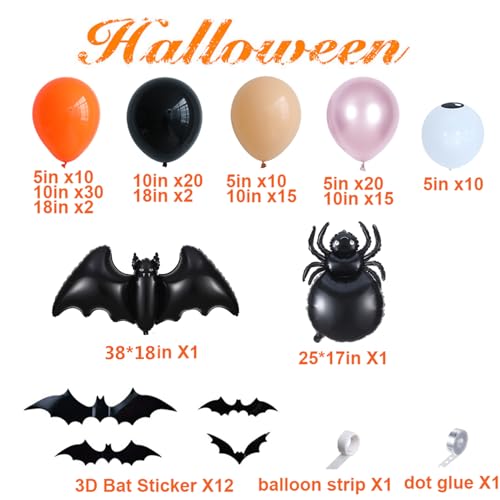139Pcs Halloween Balloon Garland Arch Kit – Black Orange Mylar Spider & Bat Balloons with 3D Stickers for Indoor Outdoor Party Decor