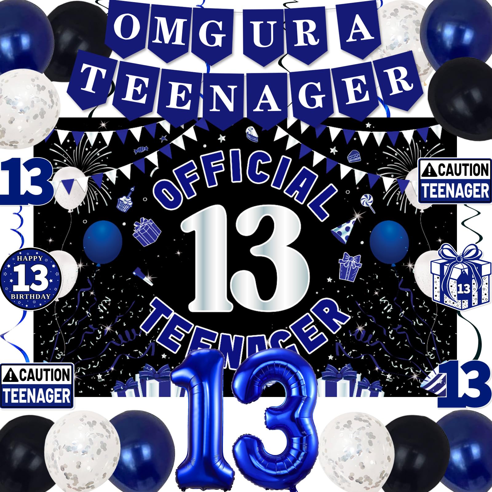 13th Birthday Decorations for Boys Girls - Blue Black OMG UR A TEENAGER Set by TAOTOSUNE