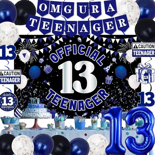 13th Birthday Decorations for Boys Girls - Blue Black OMG UR A TEENAGER Set by TAOTOSUNE