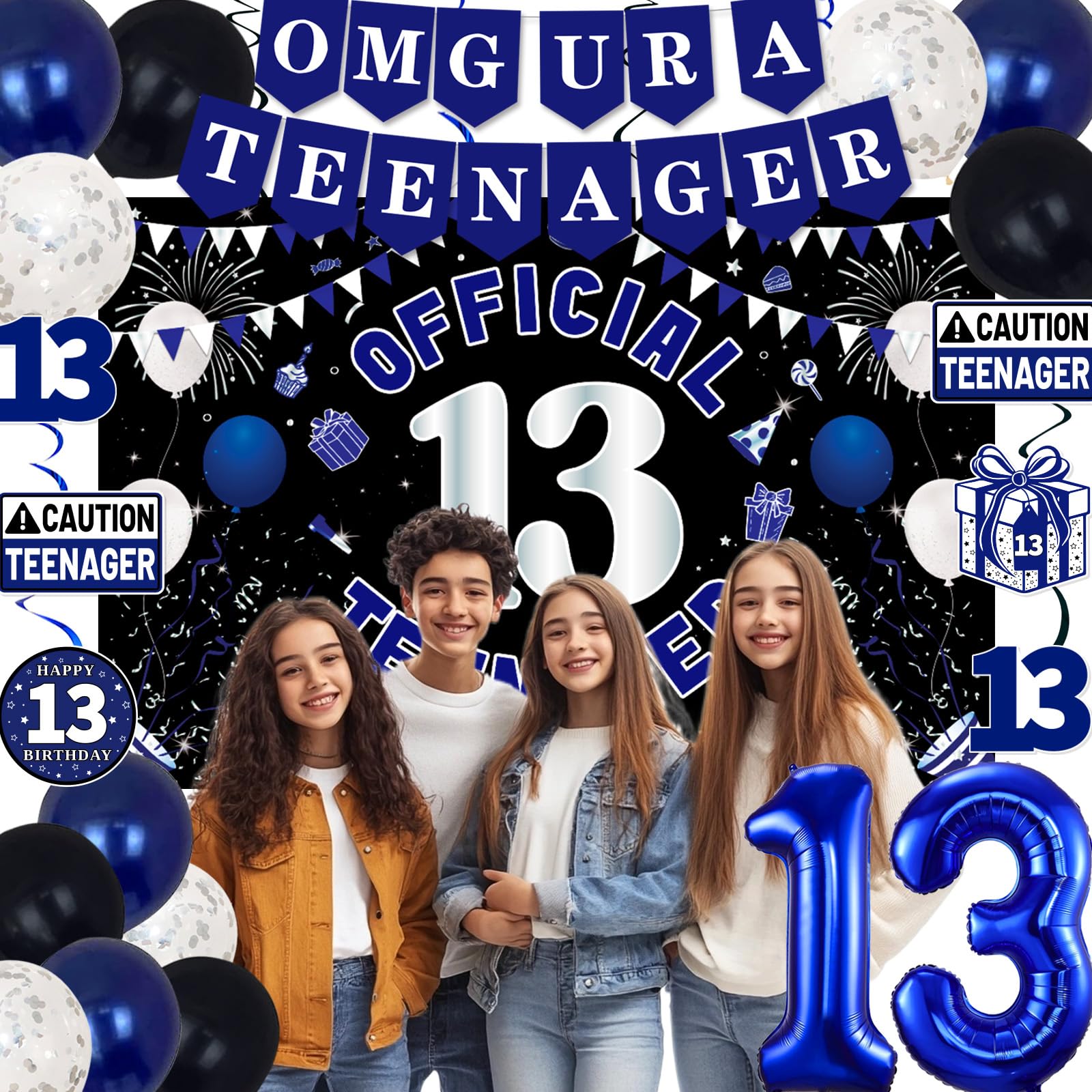 13th Birthday Decorations for Boys Girls - Blue Black OMG UR A TEENAGER Set by TAOTOSUNE