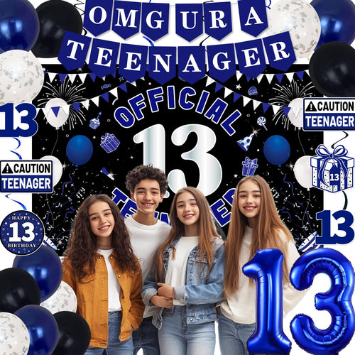 13th Birthday Decorations for Boys Girls - Blue Black OMG UR A TEENAGER Set by TAOTOSUNE