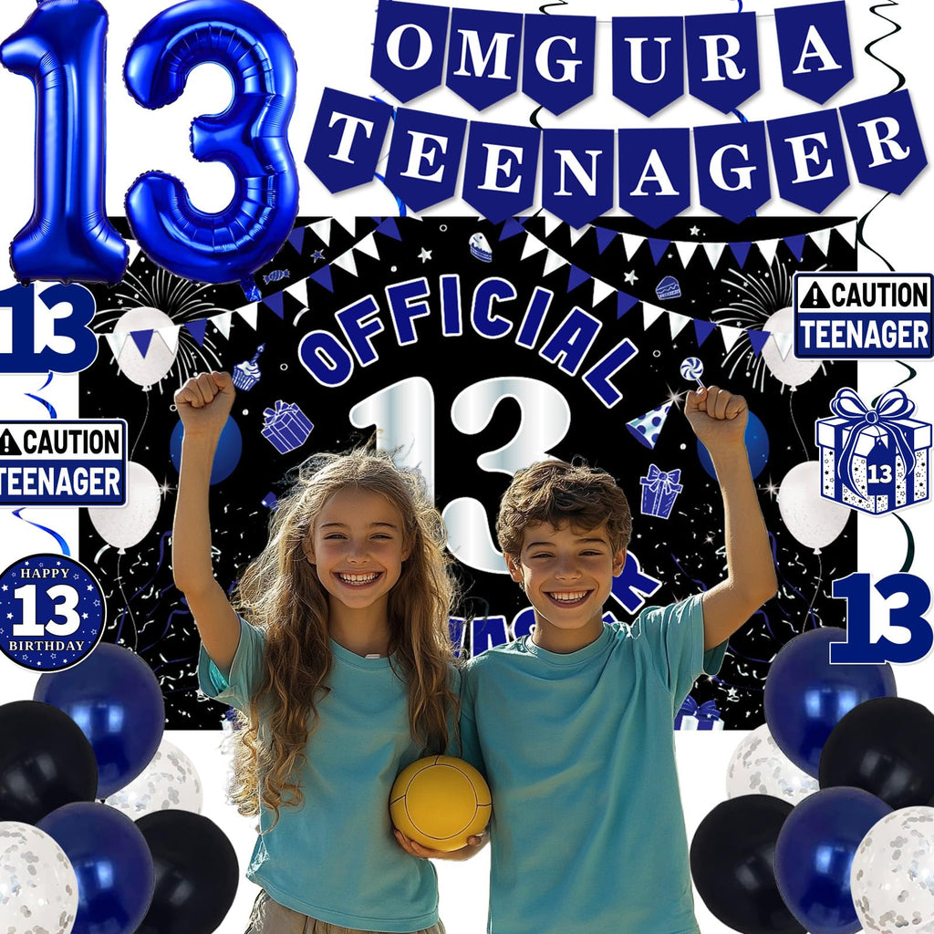 13th Birthday Decorations for Boys Girls - Blue Black OMG UR A TEENAGER Set by TAOTOSUNE