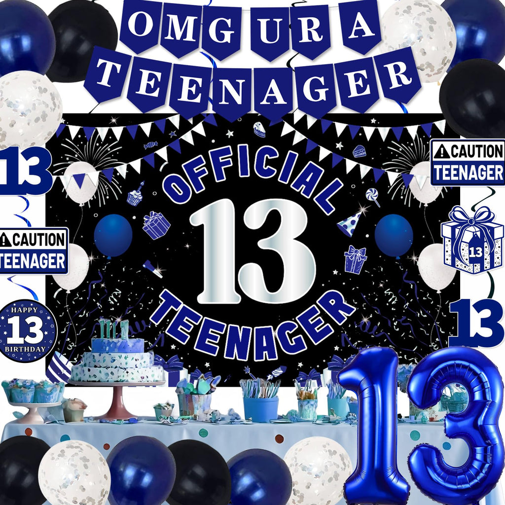 13th Birthday Decorations for Boys Girls - Blue Black OMG UR A TEENAGER Set by TAOTOSUNE