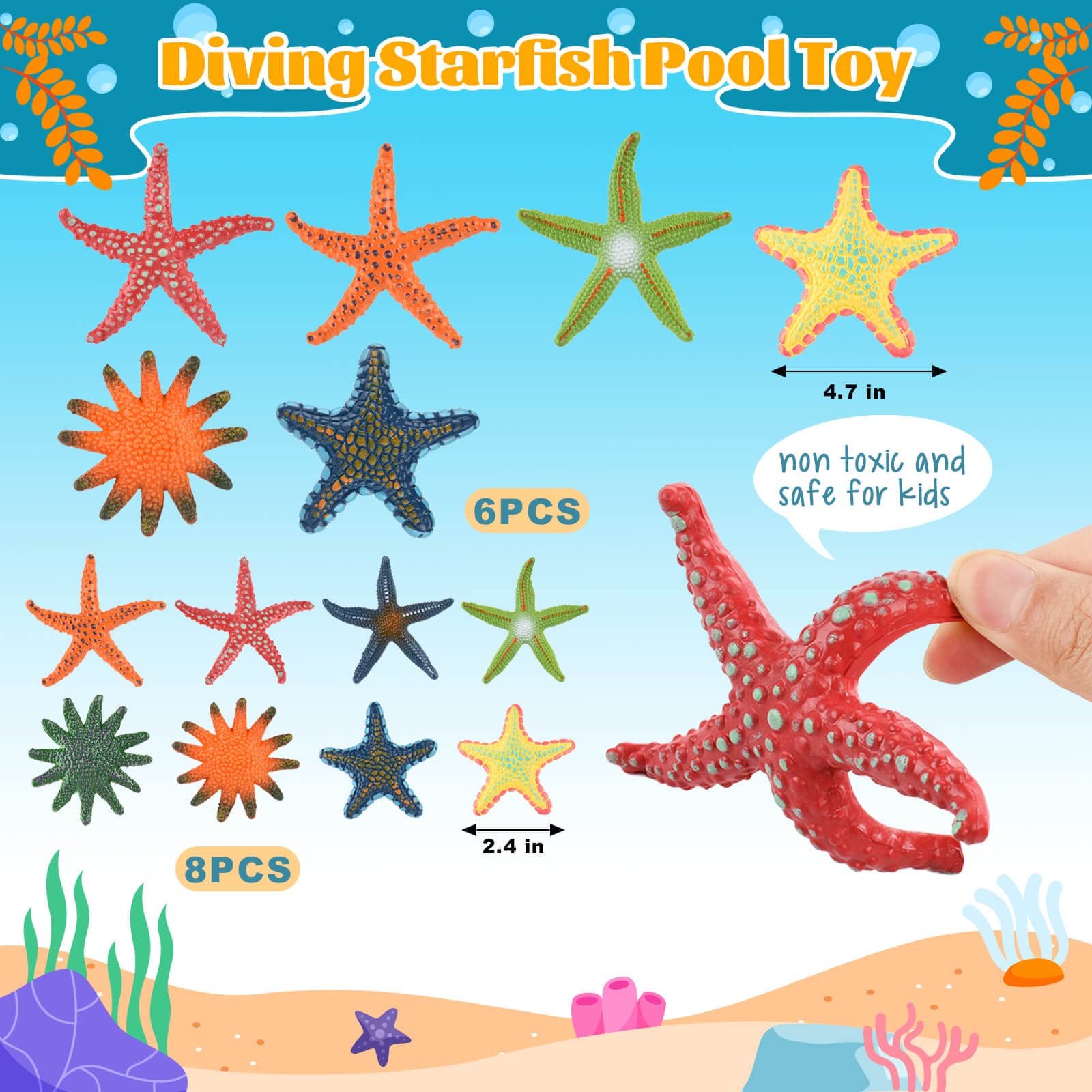 14 Colorful Diving Starfish Pool Toys - 6 Large & 8 Small, Sturdy Plastic, Easy to See Underwater