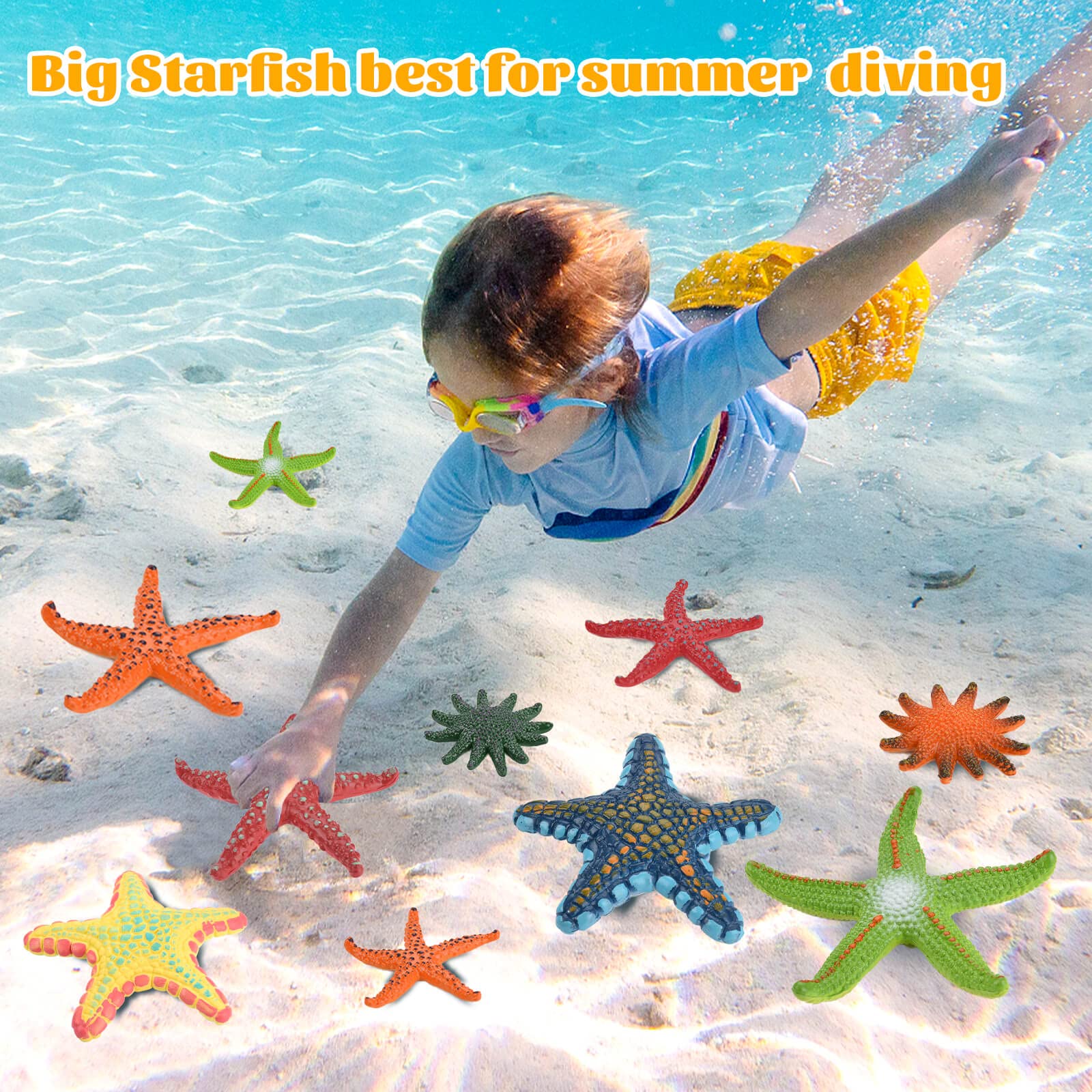14 Colorful Diving Starfish Pool Toys - 6 Large & 8 Small, Sturdy Plastic, Easy to See Underwater