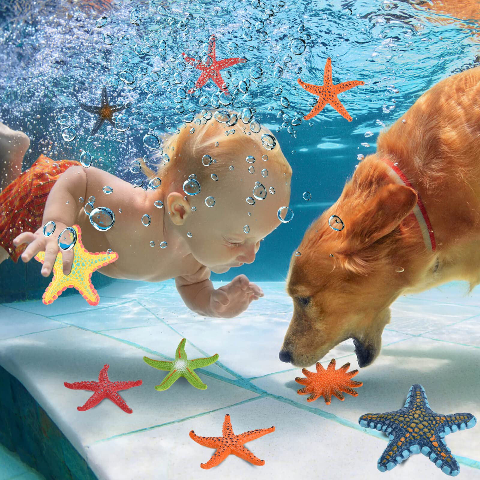 14 Colorful Diving Starfish Pool Toys - 6 Large & 8 Small, Sturdy Plastic, Easy to See Underwater