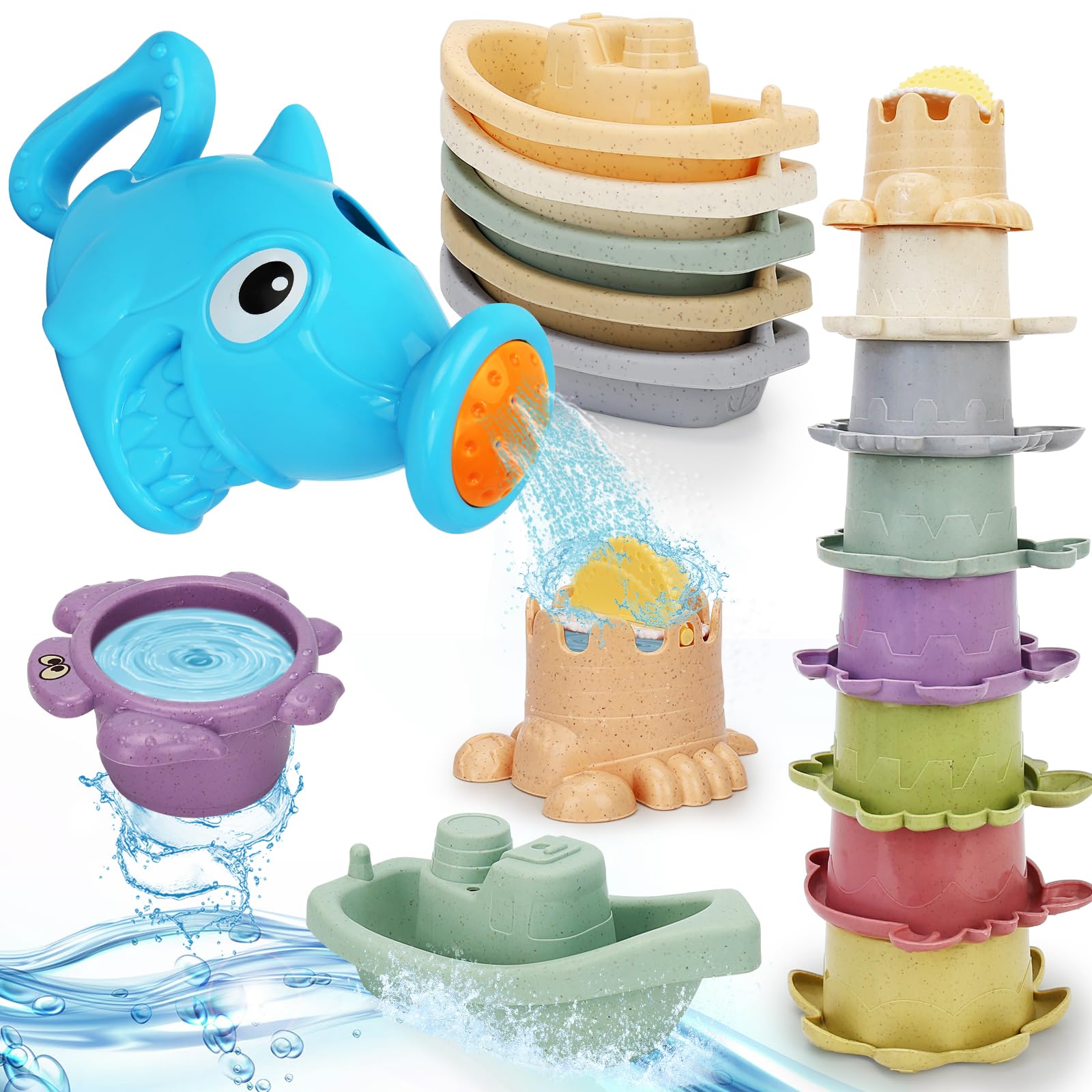 14-Piece Baby Bath Toys Set for Toddlers – Floating Boats, Stacking Cups, Watering Can – Fun Water Table Toys for Kids 1-3 Years