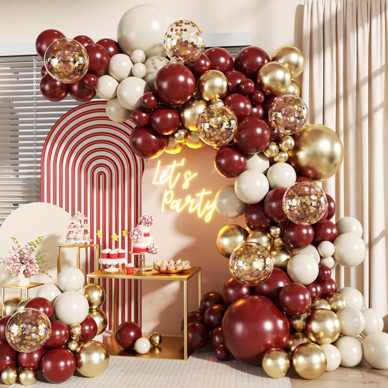 140-Piece Burgundy Balloon Arch Kit with Gold, Nude, and Confetti Balloons for Parties