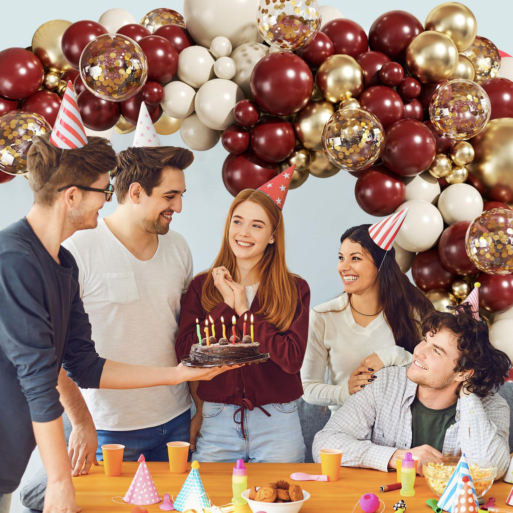 140-Piece Burgundy Balloon Arch Kit with Gold, Nude, and Confetti Balloons for Parties