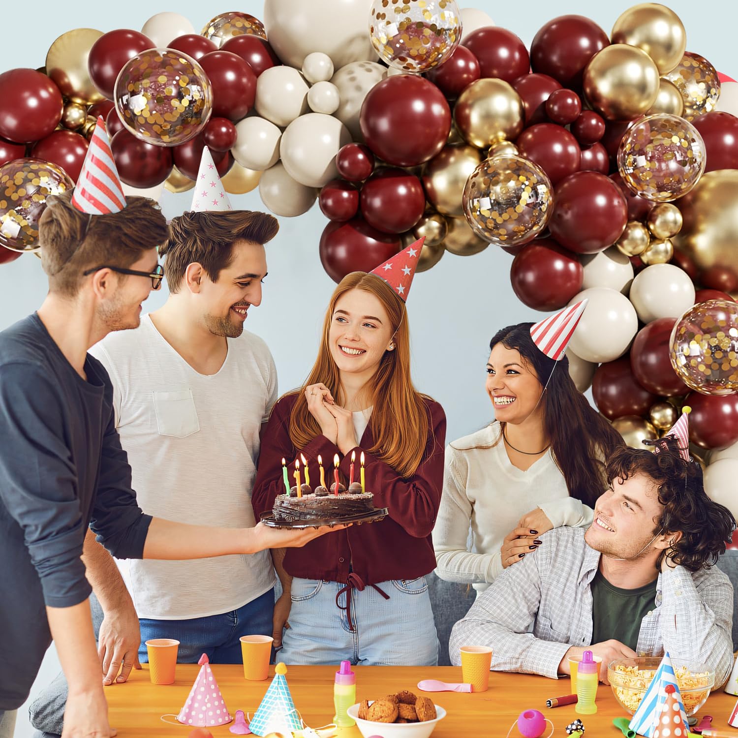 140-Piece Burgundy Balloon Arch Kit with Gold, Nude, and Confetti Balloons for Parties