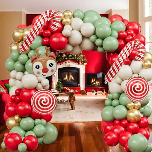 142-Piece Christmas Balloon Arch Kit - Sage Green, Red, Sand & Gold with Foil Shapes